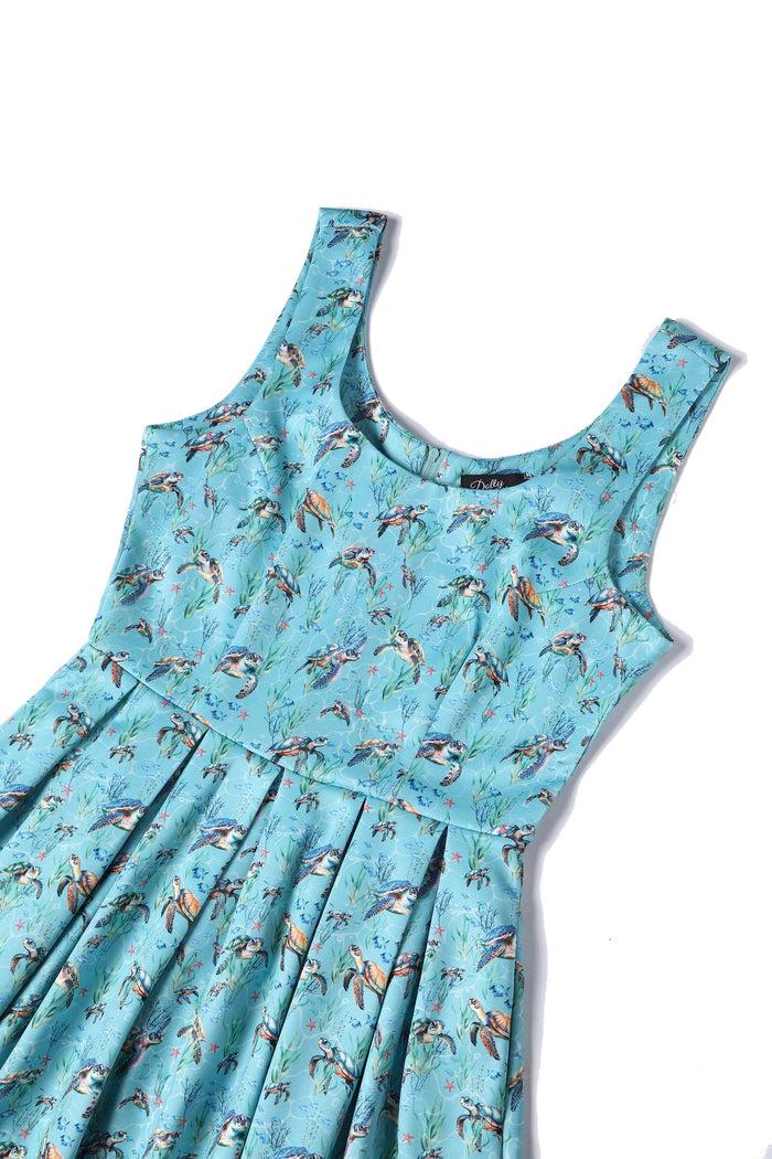 Dolly & Dotty Amanda Aquamarine Turtle Print Flared Dress