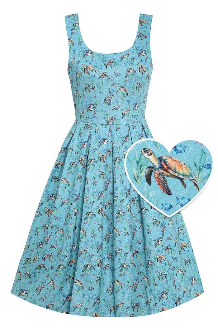 dolly & dotty Amanda Aquamarine Turtle Print Flared Dress