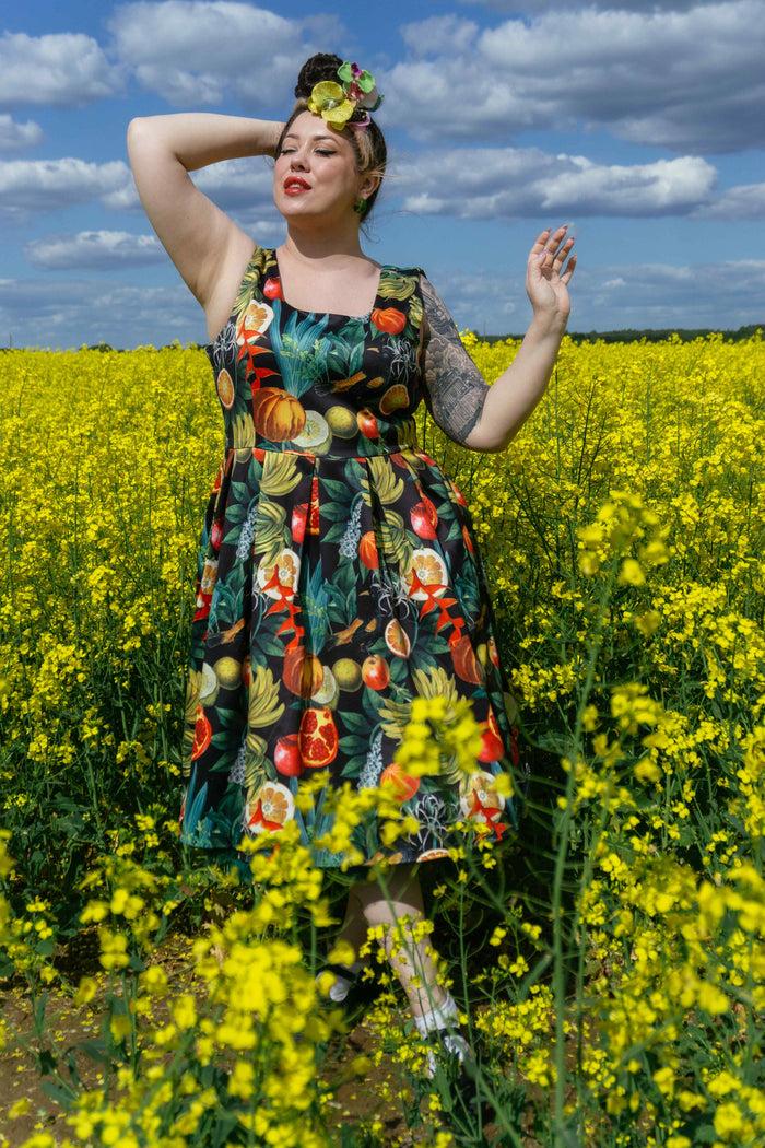 Dolly & Dotty Amanda Black Tropical Fruits Print Pleated Dress