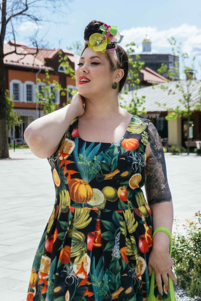 Dolly & Dotty Amanda Black Tropical Fruits Print Pleated Dress