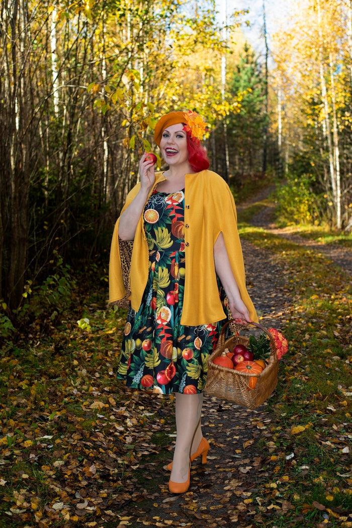 Dolly & Dotty Amanda Black Tropical Fruits Print Pleated Dress