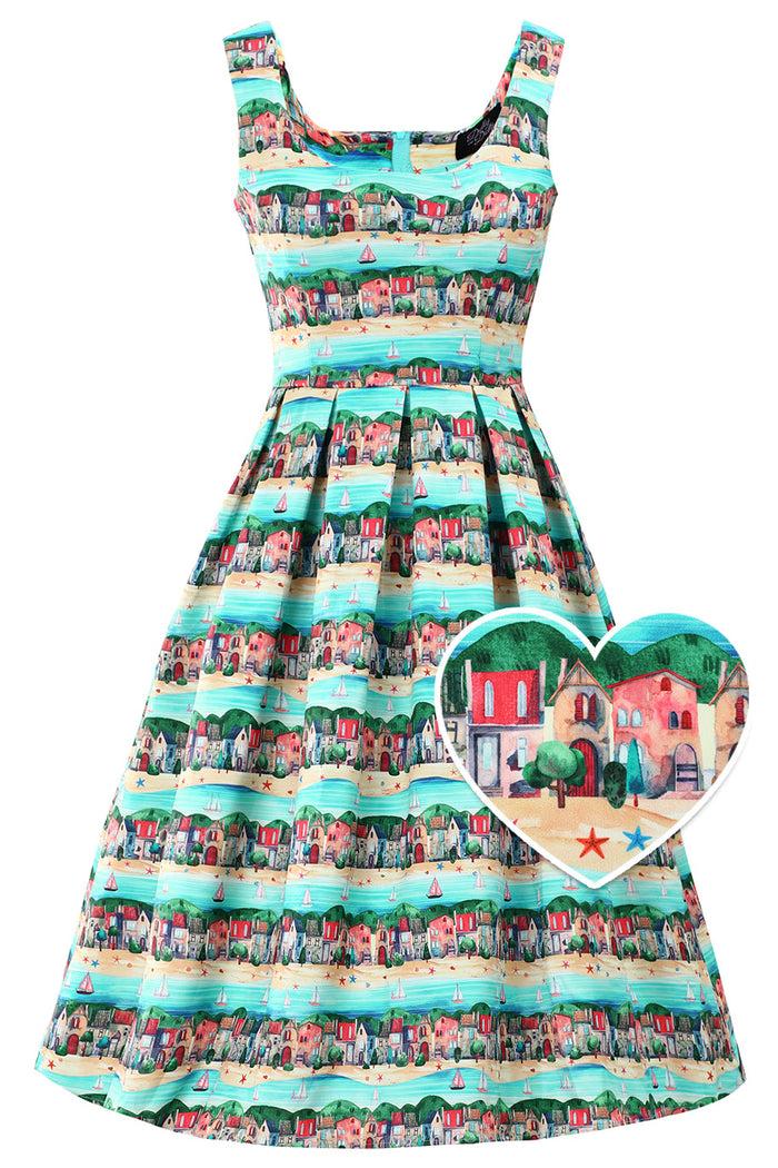 dolly & dotty Amanda Seaside Village Print Flared Dress