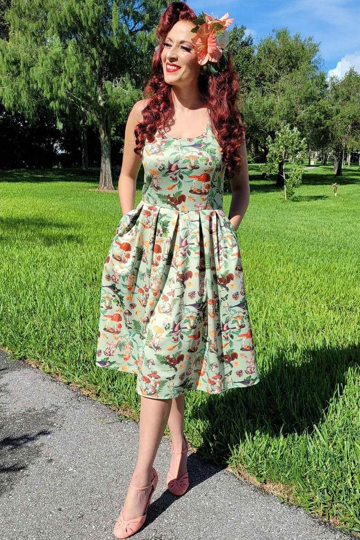 Dolly & Dotty Amanda Woodland Flared Dress In Tea Green