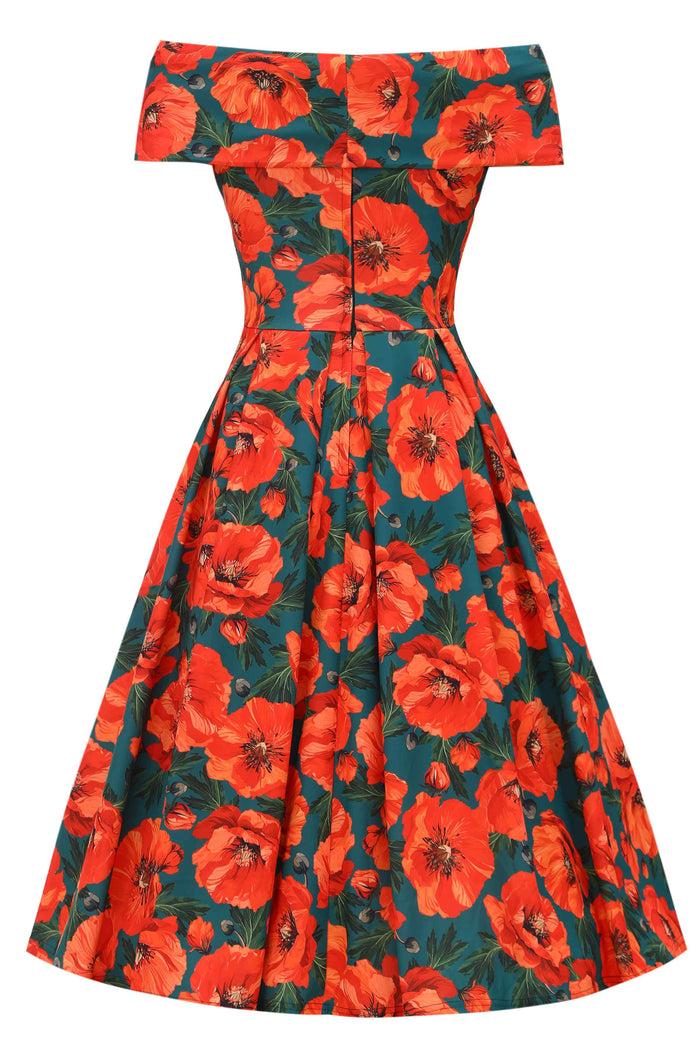 Dolly & Dotty Beverly Orange Poppy Off Shoulder Dress In Green