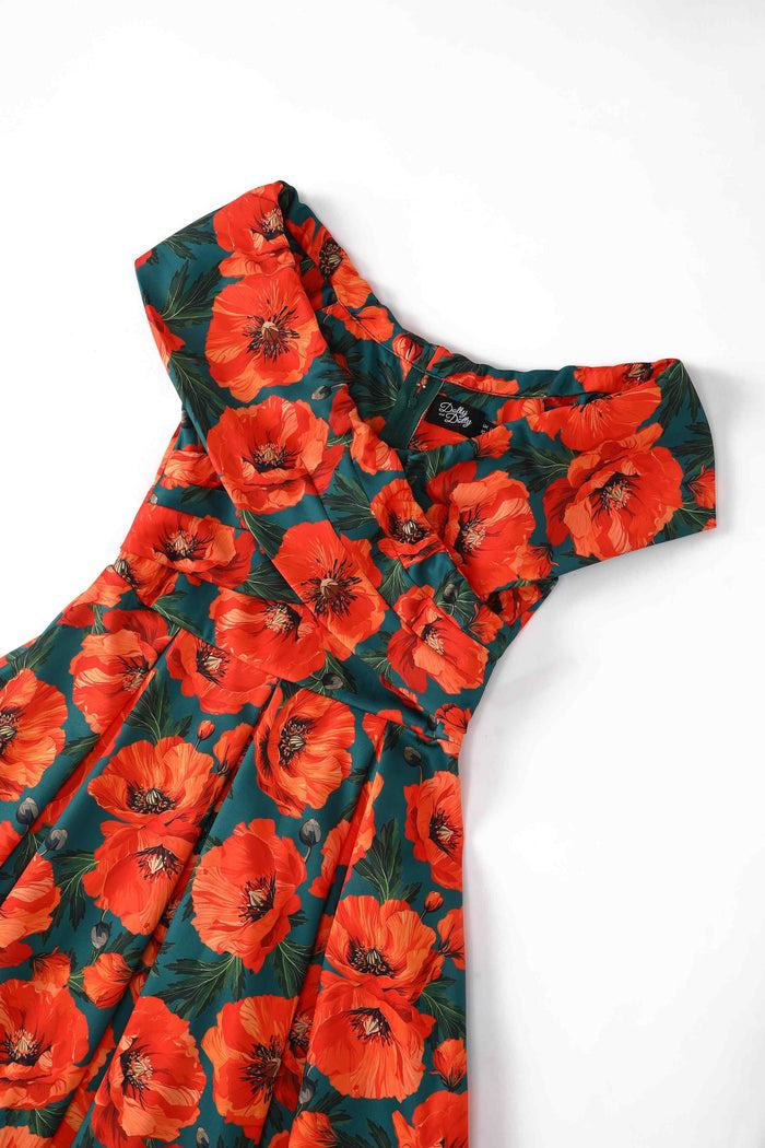 Dolly & Dotty Beverly Orange Poppy Off Shoulder Dress In Green
