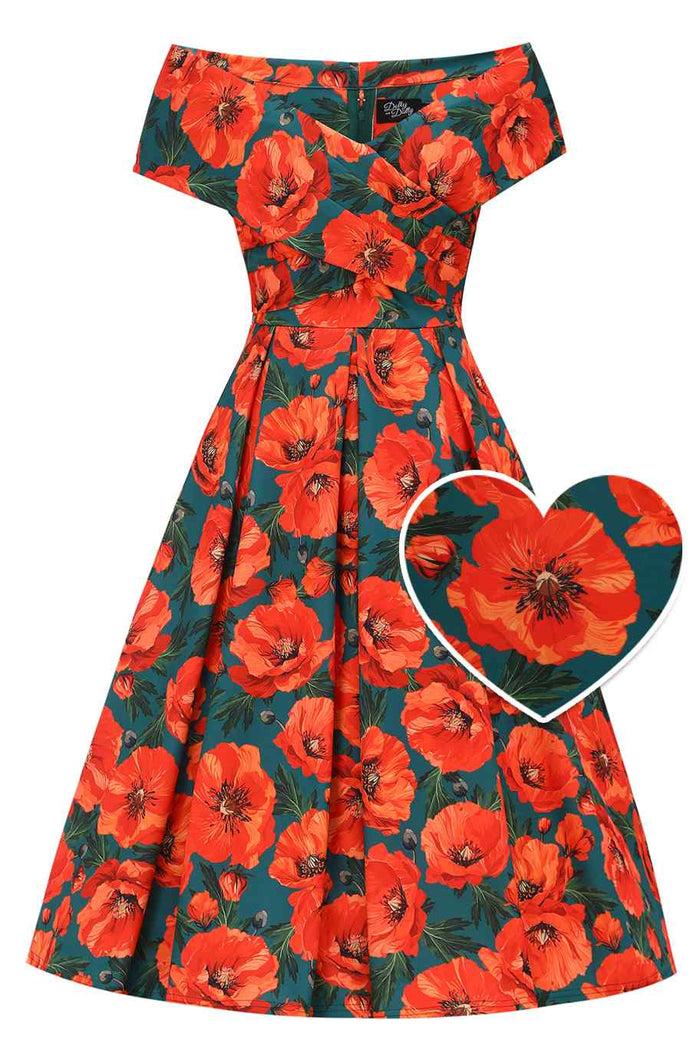 dolly & dotty Beverly Orange Poppy Off Shoulder Dress In Green