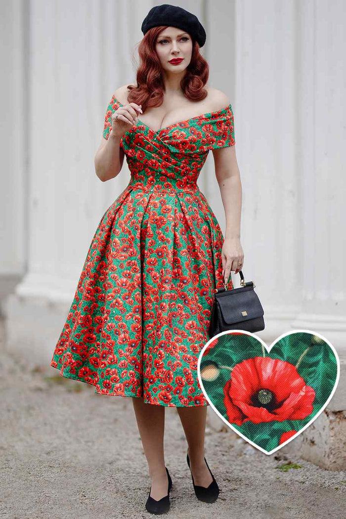 dolly & dotty Beverly Red Poppy Garden Off Shoulder Dress