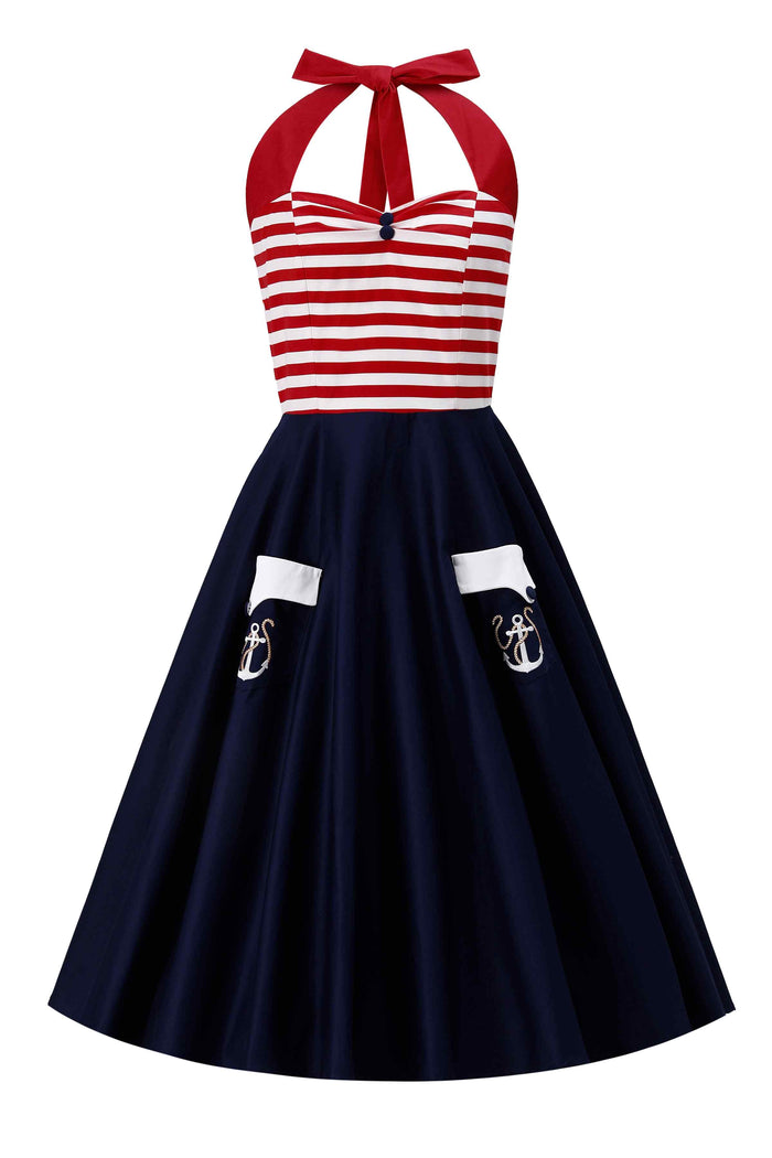 dolly & dotty Daisy Nautical Striped Halter Dress With Anchor Embroidery
