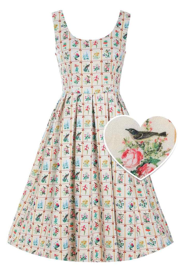 dolly & dotty Amanda Cream Floral & Bird Flared Dress