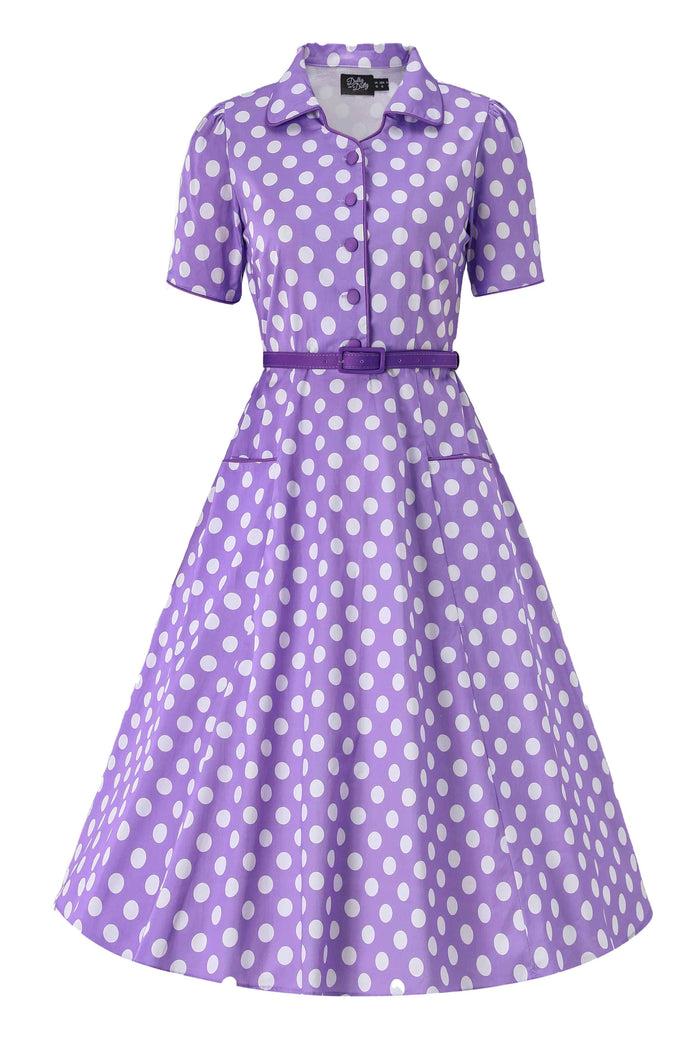 dolly & dotty Mabel Lilac Polka Dot Midi Shirt Dress