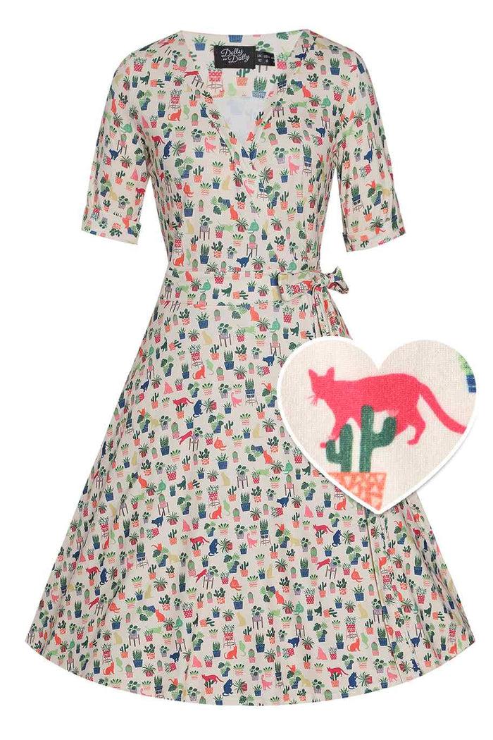 dolly & dotty Matilda Cat & Plant Wrap Dress In White