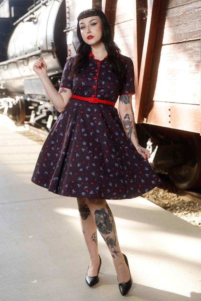 Dolly & Dotty Penelope Navy Blue Swallow Shirt Dress