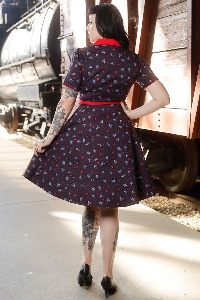 Dolly & Dotty Penelope Navy Blue Swallow Shirt Dress