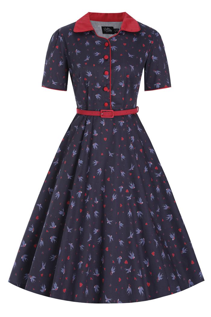 Dolly & Dotty Penelope Navy Blue Swallow Shirt Dress