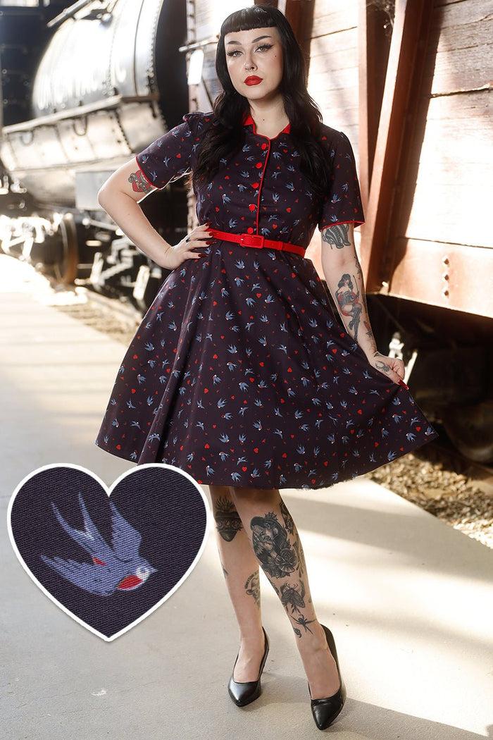 dolly & dotty Penelope Navy Blue Swallow Shirt Dress