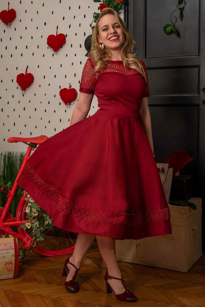 Dolly & Dotty Tess Lace Sleeved Dress In Burgundy