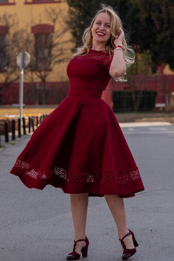 Dolly & Dotty Tess Lace Sleeved Dress In Burgundy