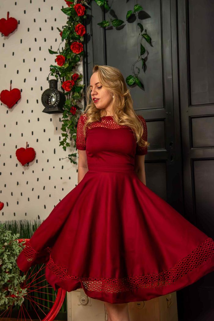 Dolly & Dotty Tess Lace Sleeved Dress In Burgundy