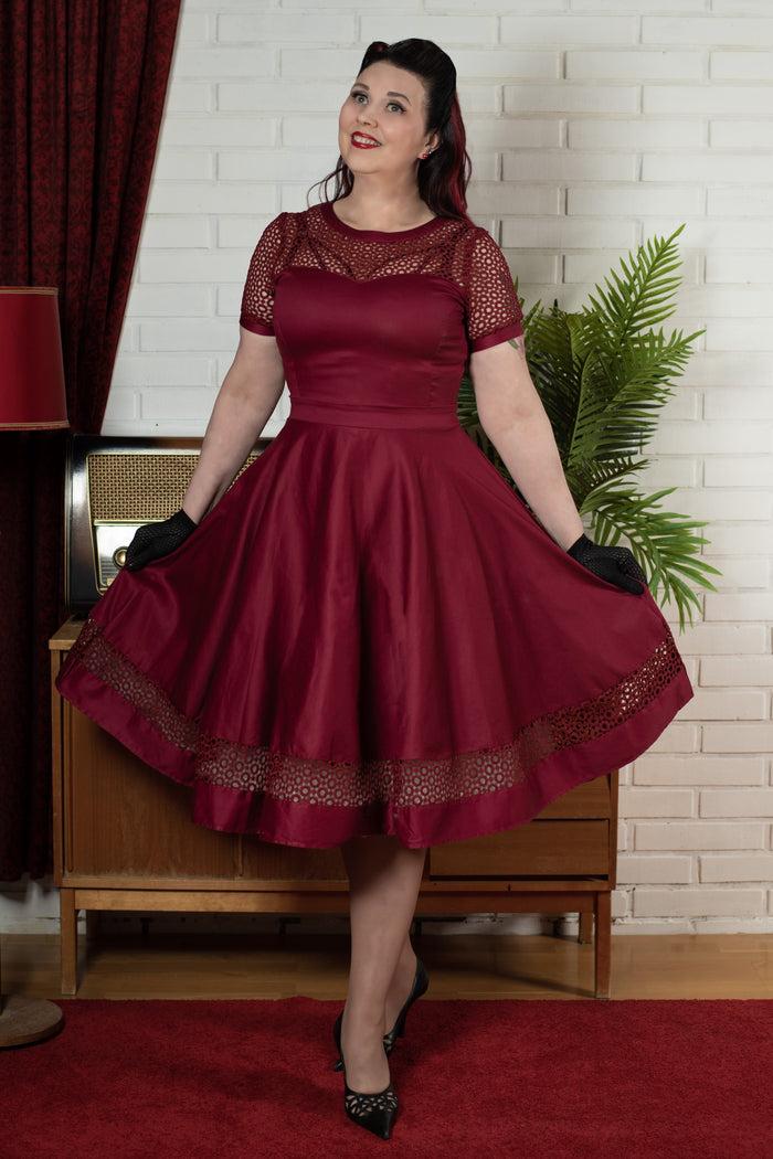 dolly & dotty Tess Lace Sleeved Dress in Burgundy