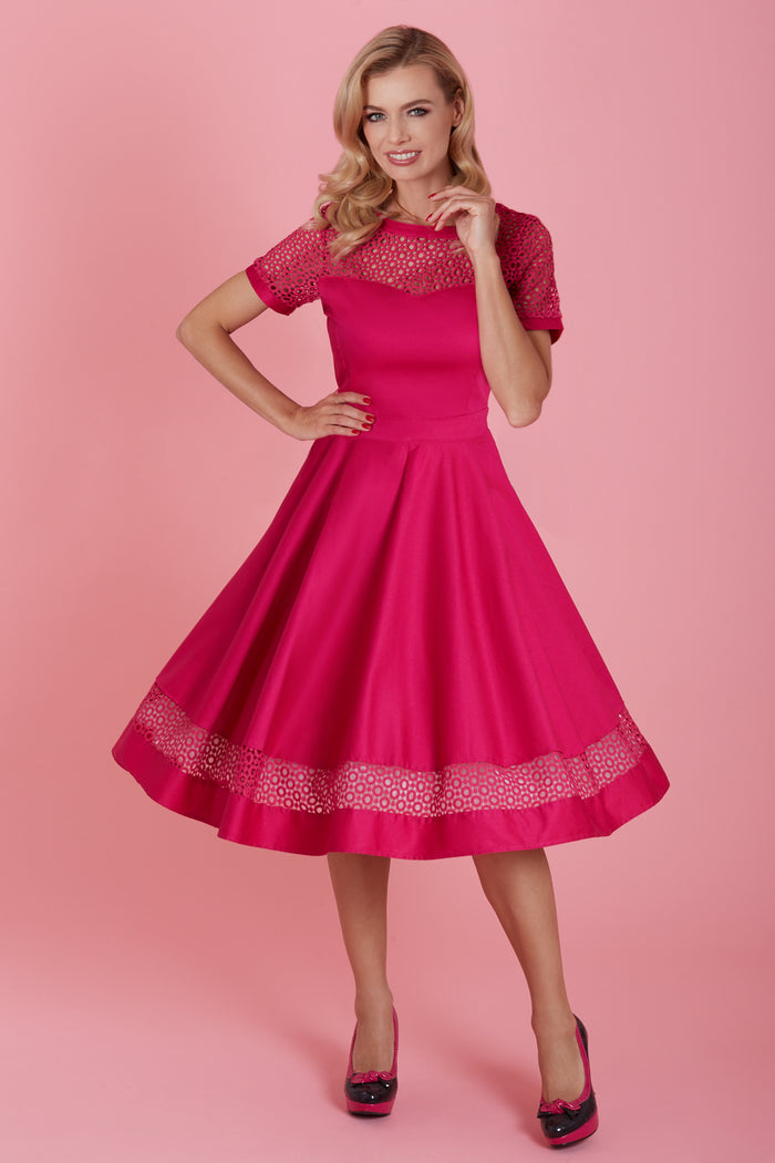 dolly & dotty Tess Lace Sleeved Dress in Hot Pink