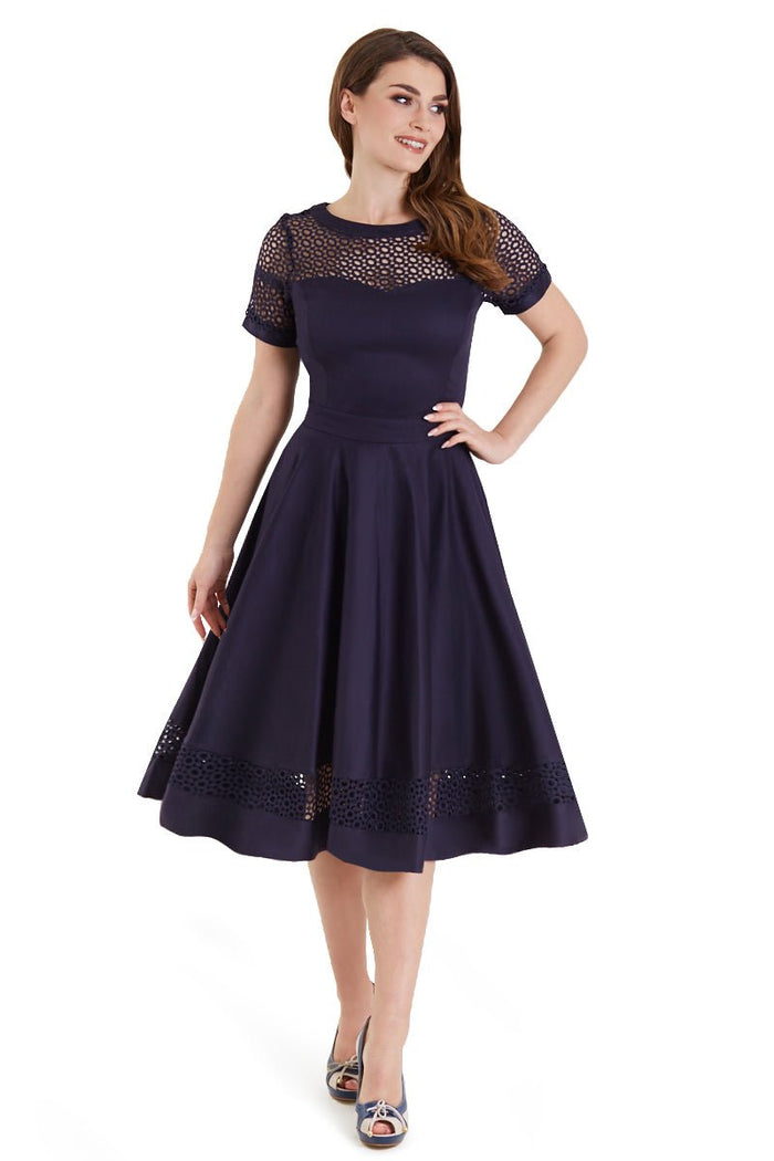 Dolly & Dotty Tess Lace Sleeved Dress In Navy Blue