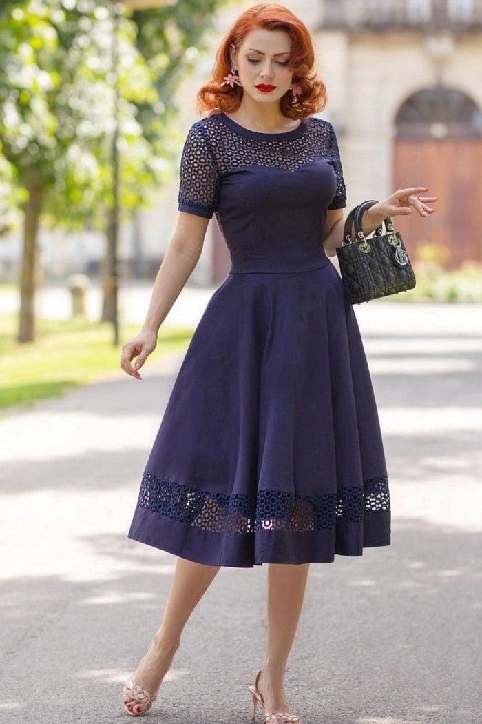 dolly & dotty Tess Lace Sleeved Dress in Navy Blue