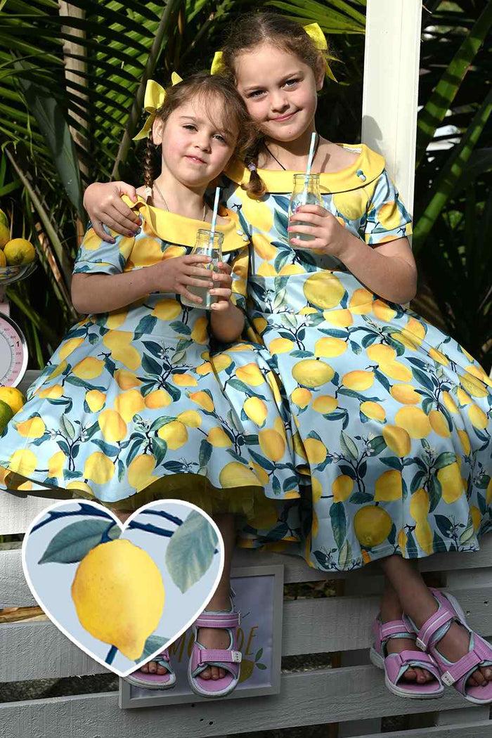 dolly & dotty Girls Darlene Flared Dress in Blue Lemon