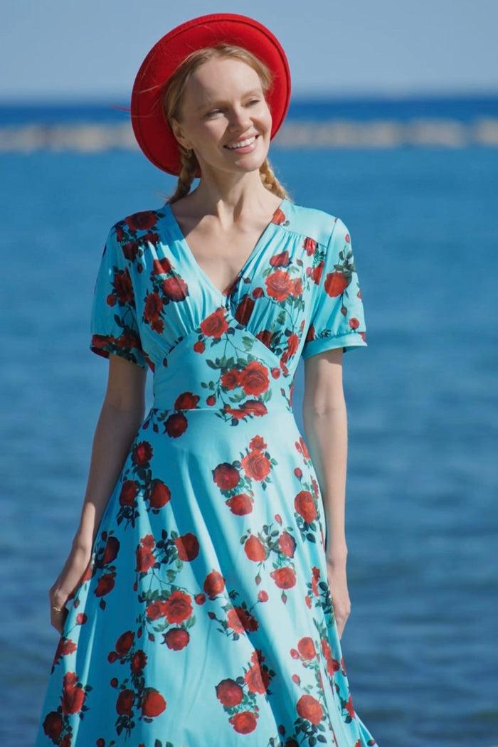 Dolly & Dotty Julia 50s Style Red Rose Sleeved Dress In Blue