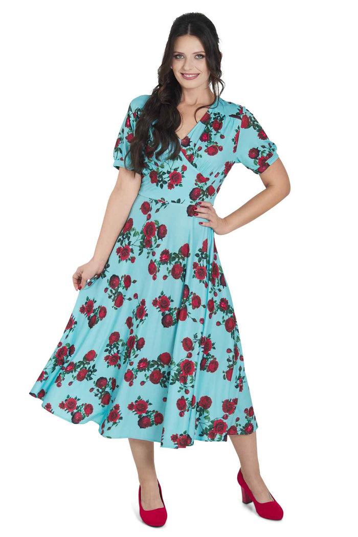 Dolly & Dotty Julia 50s Style Red Rose Sleeved Dress In Blue