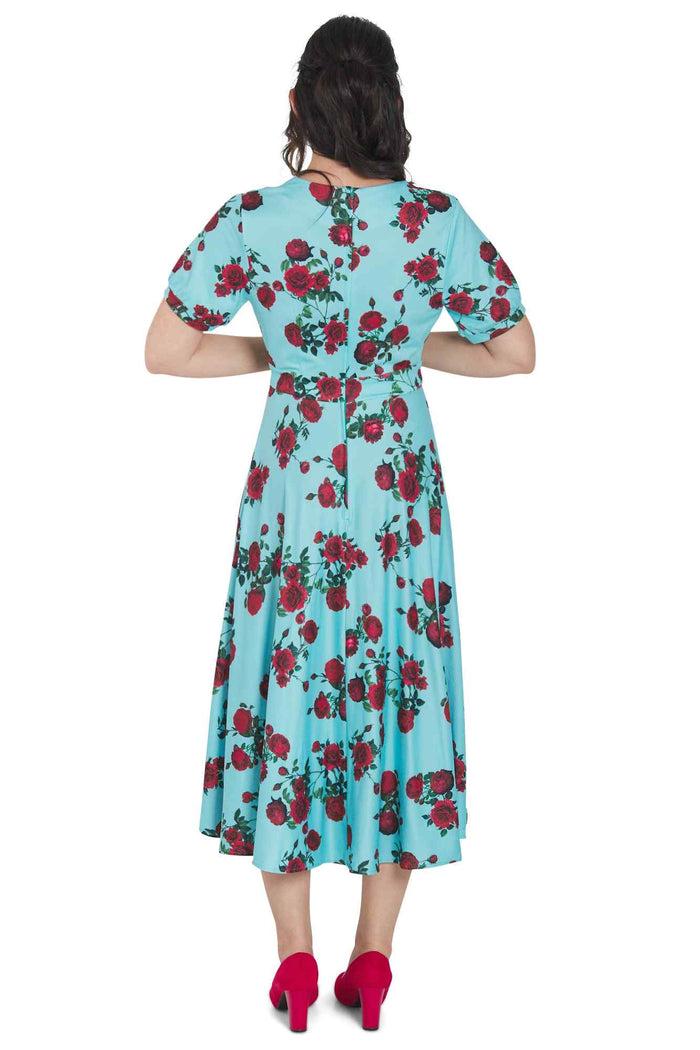 Dolly & Dotty Julia 50s Style Red Rose Sleeved Dress In Blue