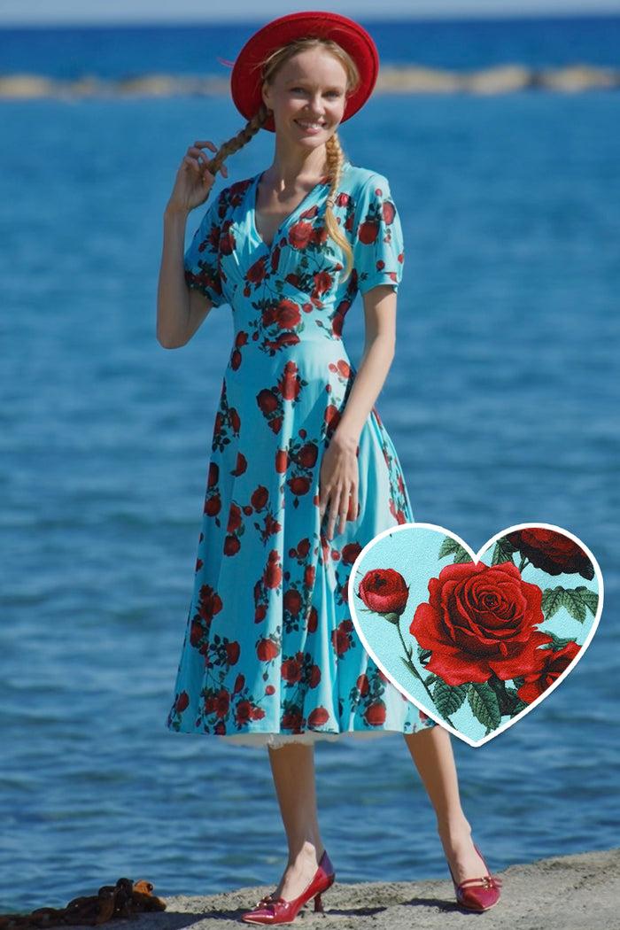 dolly & dotty Julia 50s Style Red Rose Sleeved Dress in Blue