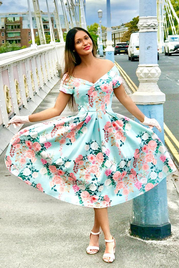 Dolly & Dotty Lily 50s Style Floral Off Shoulder Dress In Mint