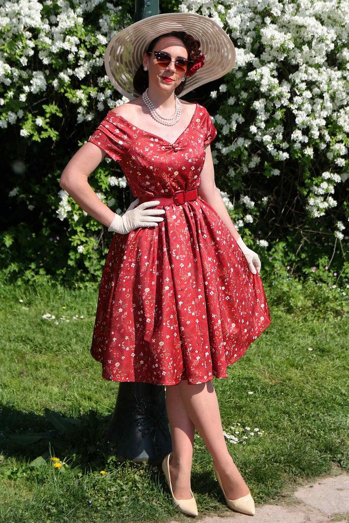 Dolly & Dotty Lily Ditsy Floral Off Shoulder Dress In Red