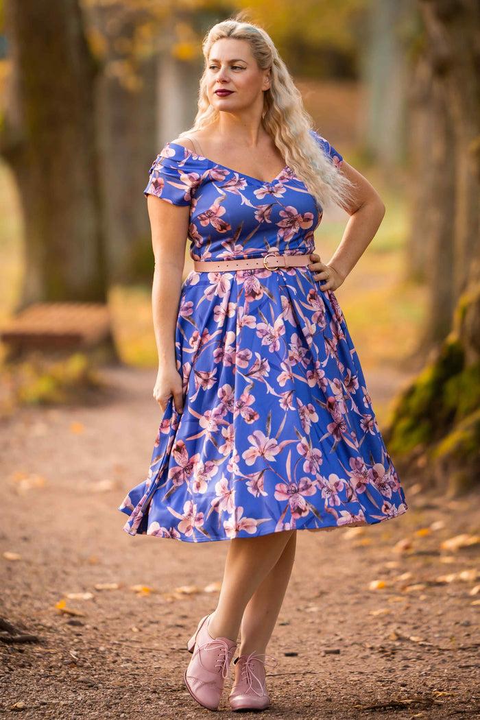 Dolly & Dotty Lily Purple Alstroemeria Off Shoulder Dress