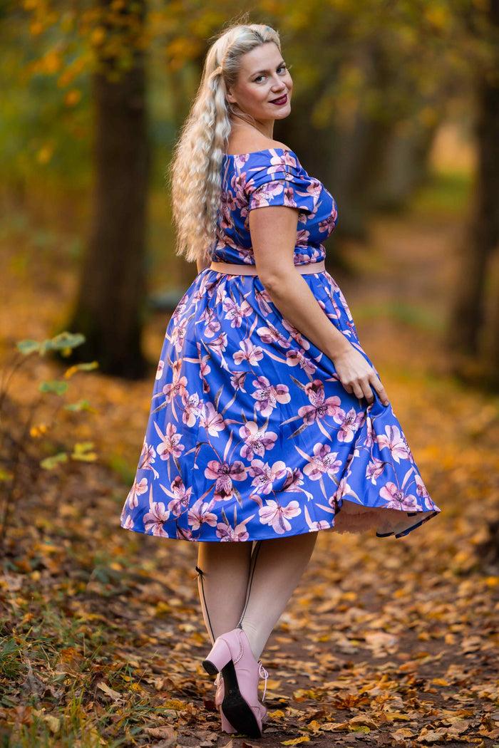 Dolly & Dotty Lily Purple Alstroemeria Off Shoulder Dress