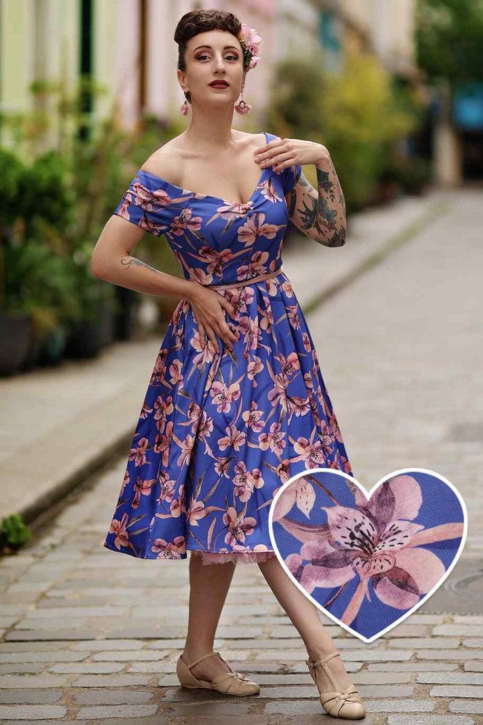 dolly & dotty Lily Purple Alstroemeria Off Shoulder Dress