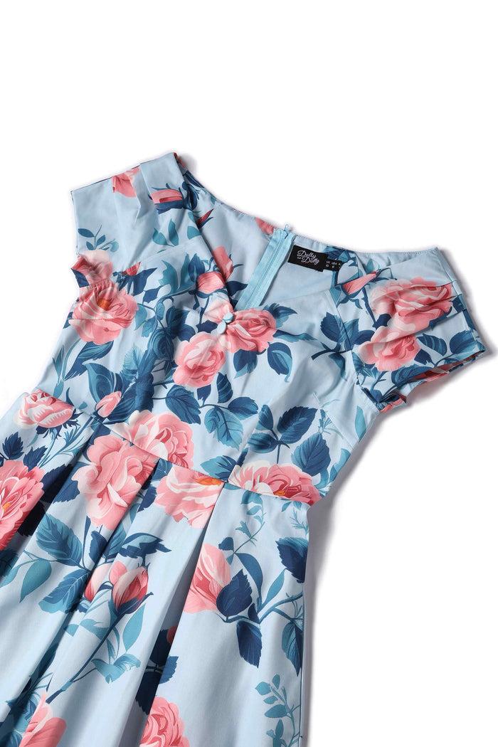 Dolly & Dotty Lily Summer Rose Off Shoulder Dress In Light Blue