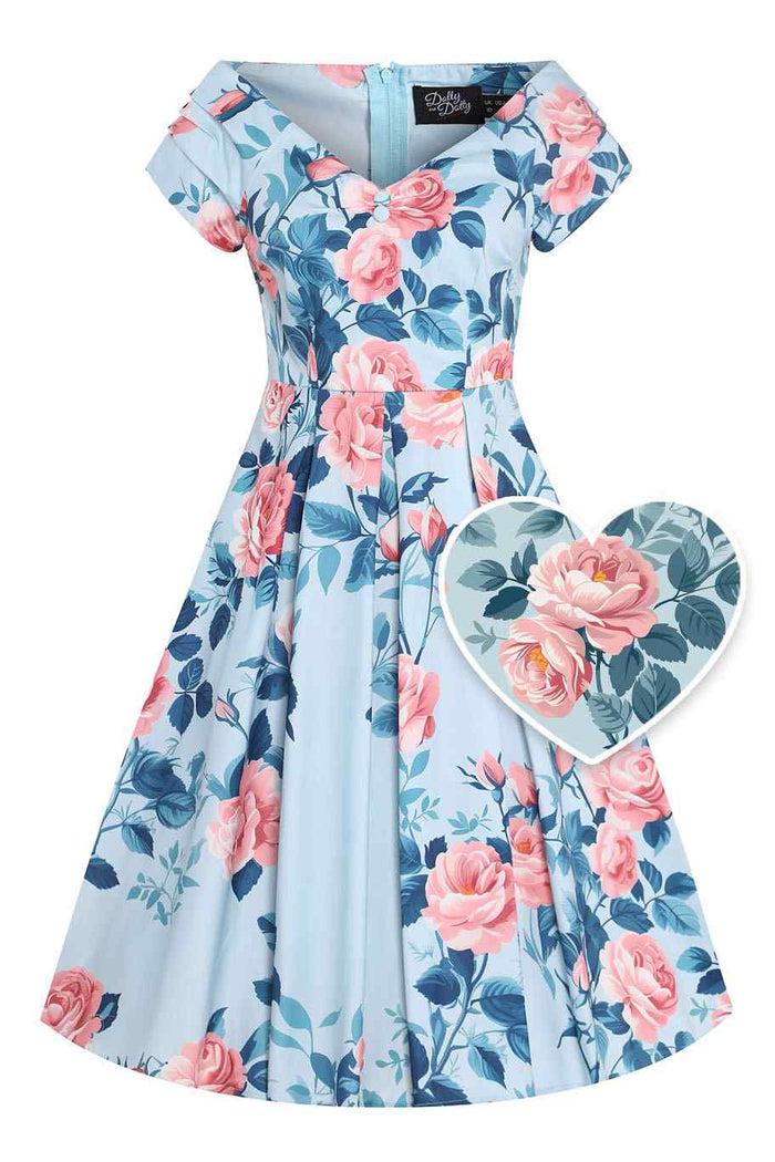 dolly & dotty Lily Summer Rose Off Shoulder Dress In Light Blue