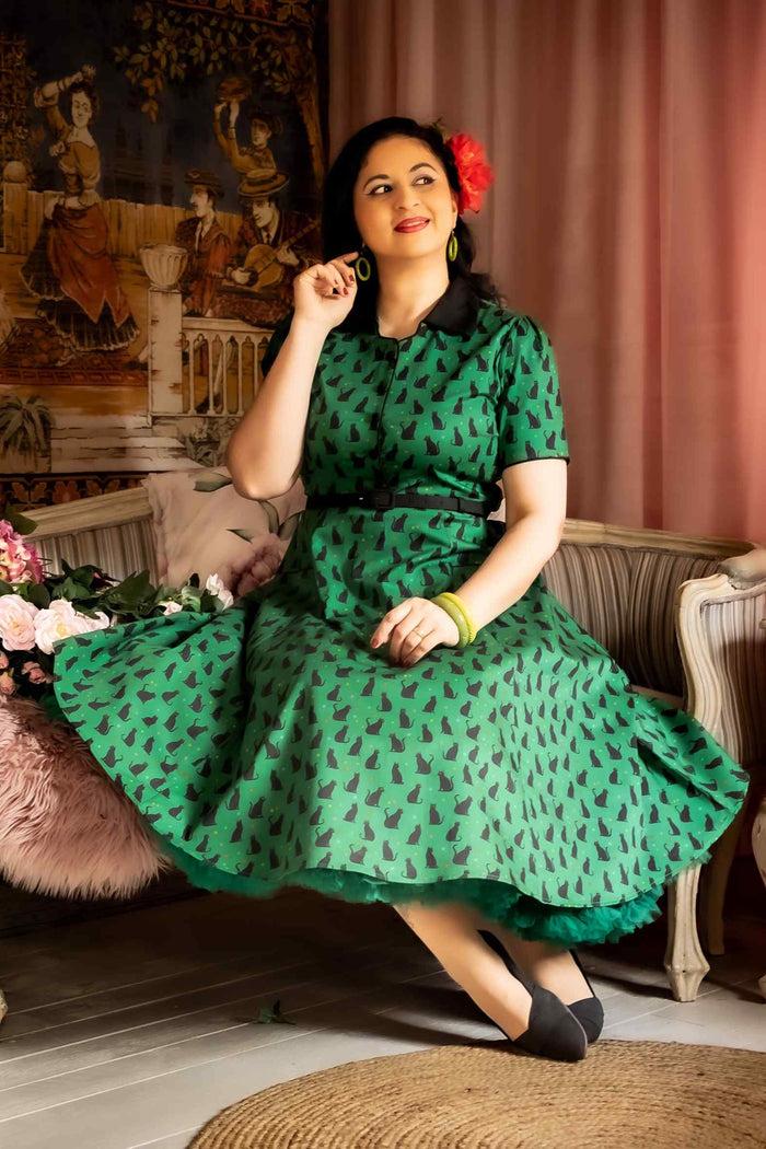 Dolly & Dotty Mabel Black Cat Midi Shirt Dress In Green