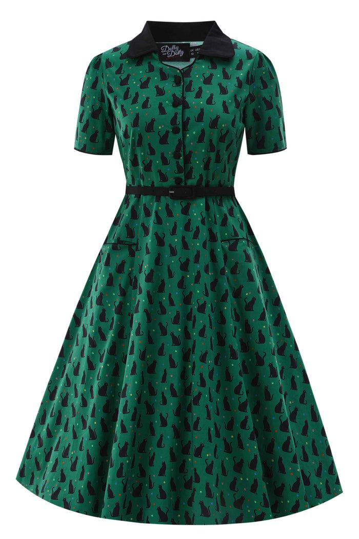 Dolly & Dotty Mabel Black Cat Midi Shirt Dress In Green