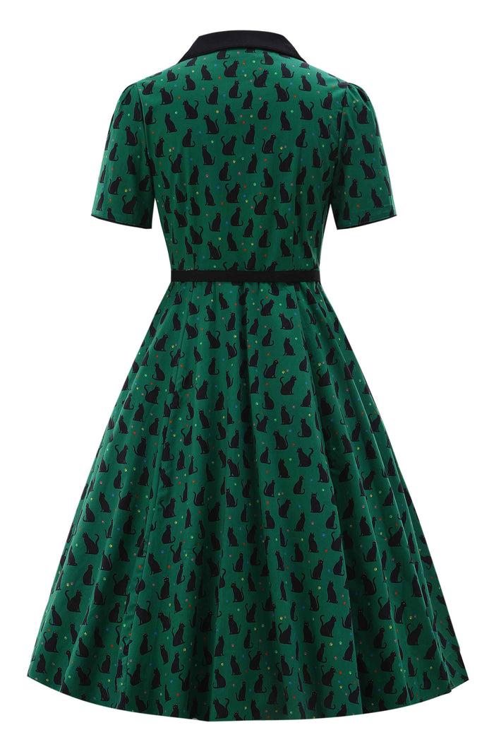 Dolly & Dotty Mabel Black Cat Midi Shirt Dress In Green