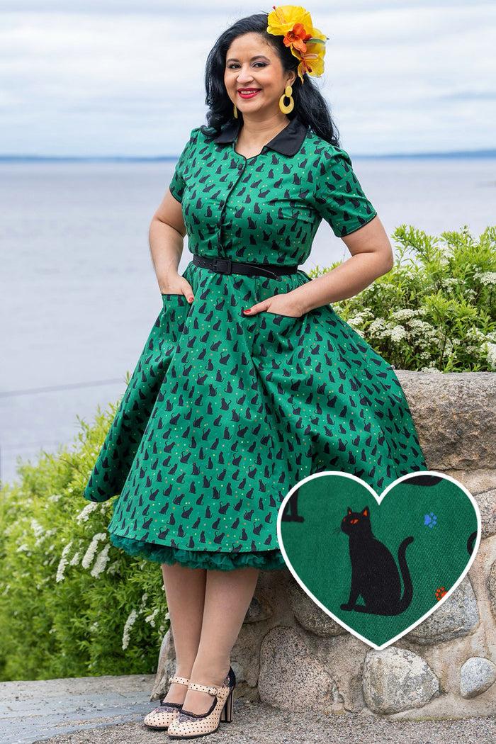 dolly & dotty Mabel Black Cat Midi Shirt Dress In Green