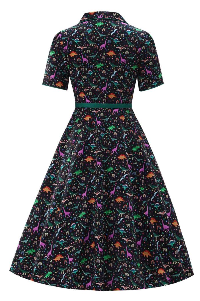 Dolly & Dotty Mabel Dinosaur & Rainbow Midi Shirt Dress In Black
