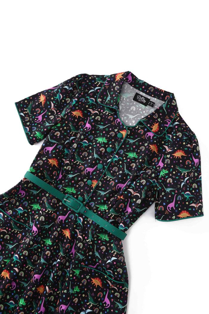 Dolly & Dotty Mabel Dinosaur & Rainbow Midi Shirt Dress In Black