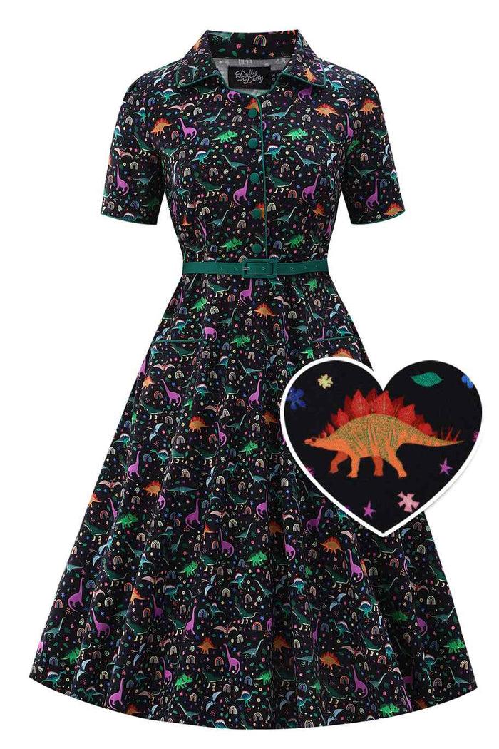 dolly & dotty Mabel Dinosaur & Rainbow Midi Shirt Dress In Black