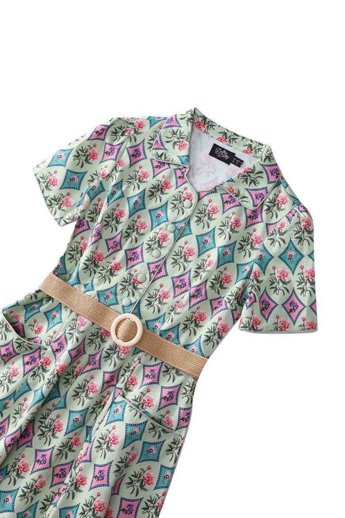 Dolly & Dotty Mabel Quatrefoil Floral Midi Shirt Dress