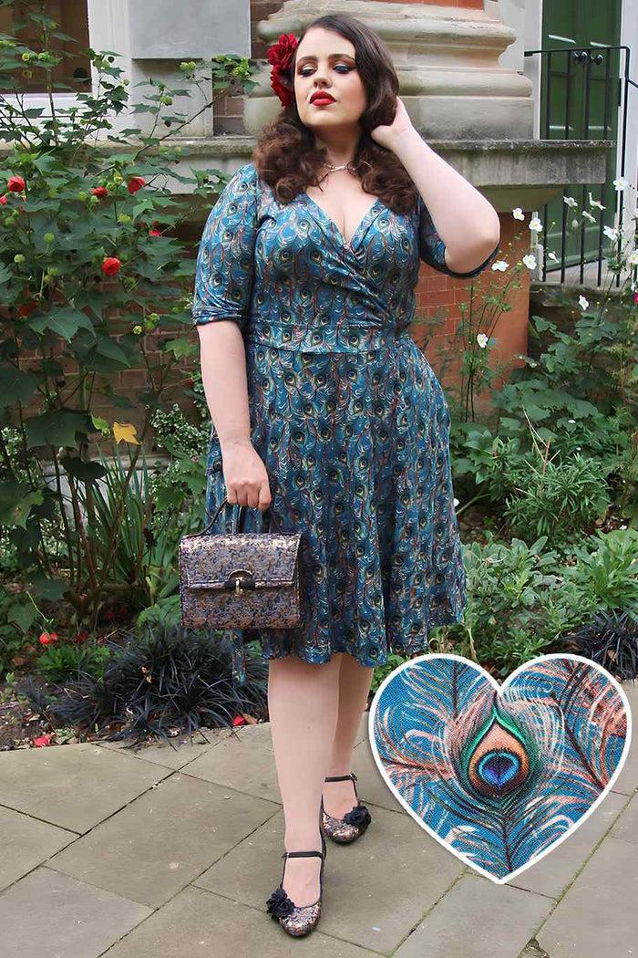 dolly & dotty Matilda Blue Peacock Feather Wrap Dress