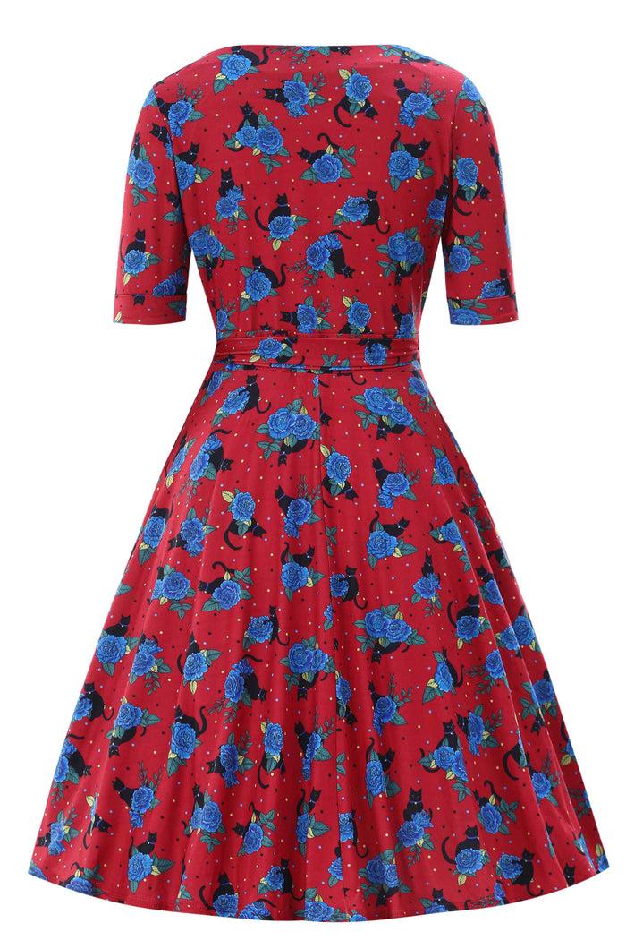 Dolly & Dotty Matilda Vintage Black Cat & Rose Wrap Dress In Red