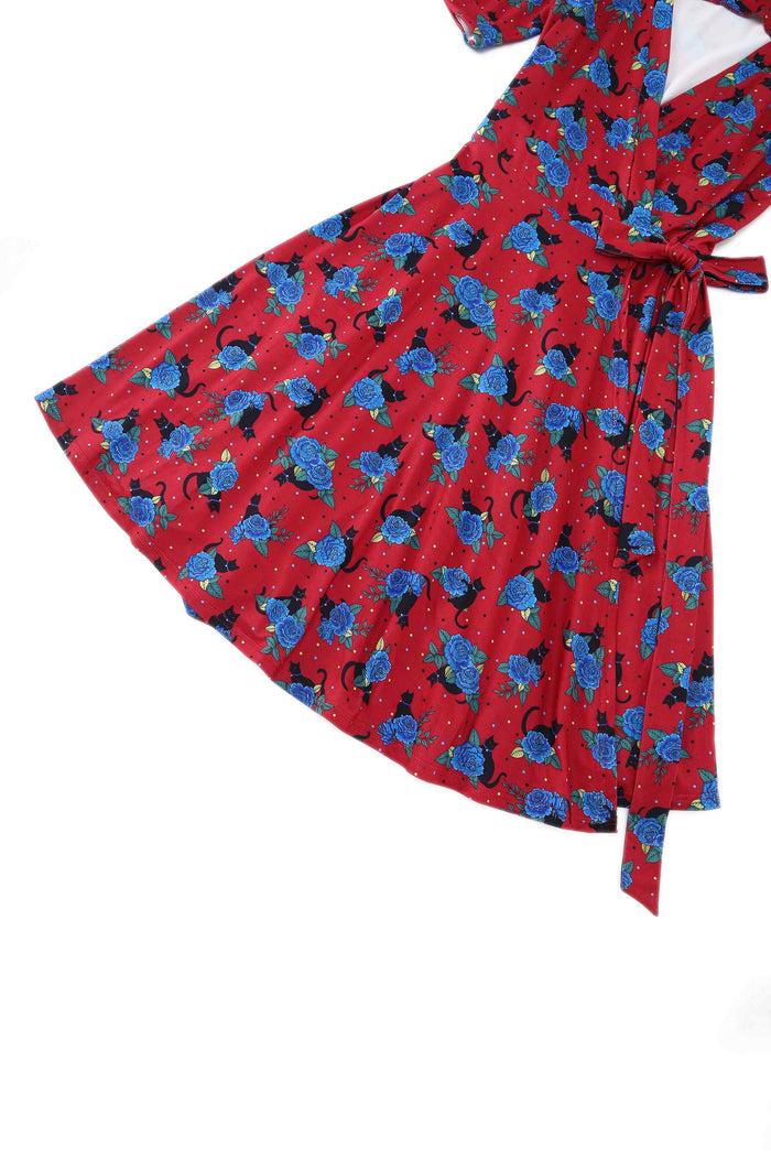 Dolly & Dotty Matilda Vintage Black Cat & Rose Wrap Dress In Red