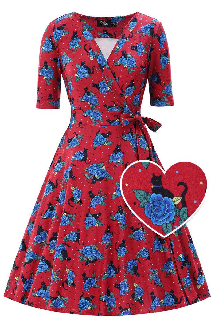 dolly & dotty Matilda Vintage Black Cat & Rose Wrap Dress In Red
